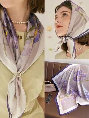 2/$30 NWT Purple Floral Silk Feel Square Scarf Lavender Satin Neck Head Wrap